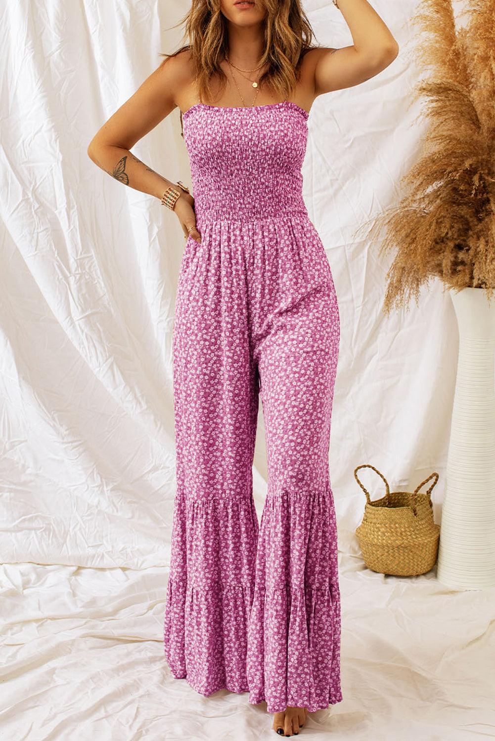 Smocked Printed Wide Strap Jumpsuit - NawdeX