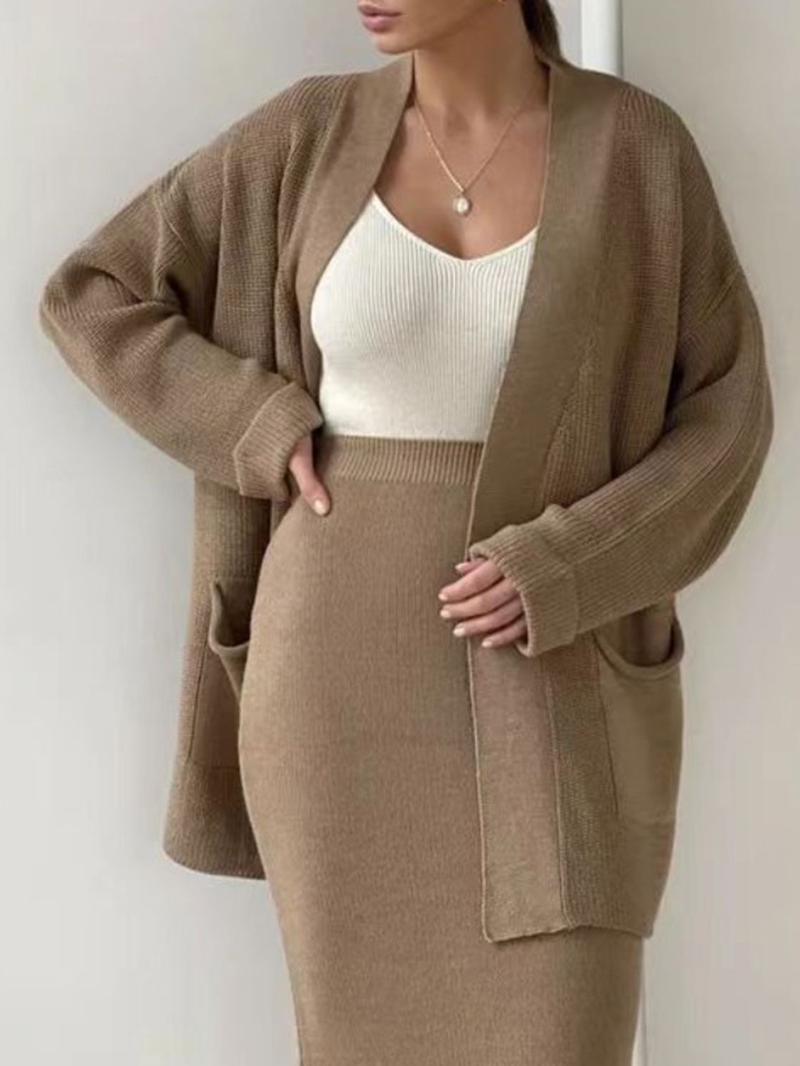 Pocketed Long Sleeve Cardigan and Skirt Sweater Set - NawdeX