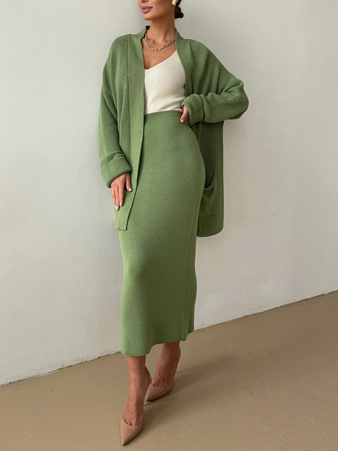 Pocketed Long Sleeve Cardigan and Skirt Sweater Set - NawdeX