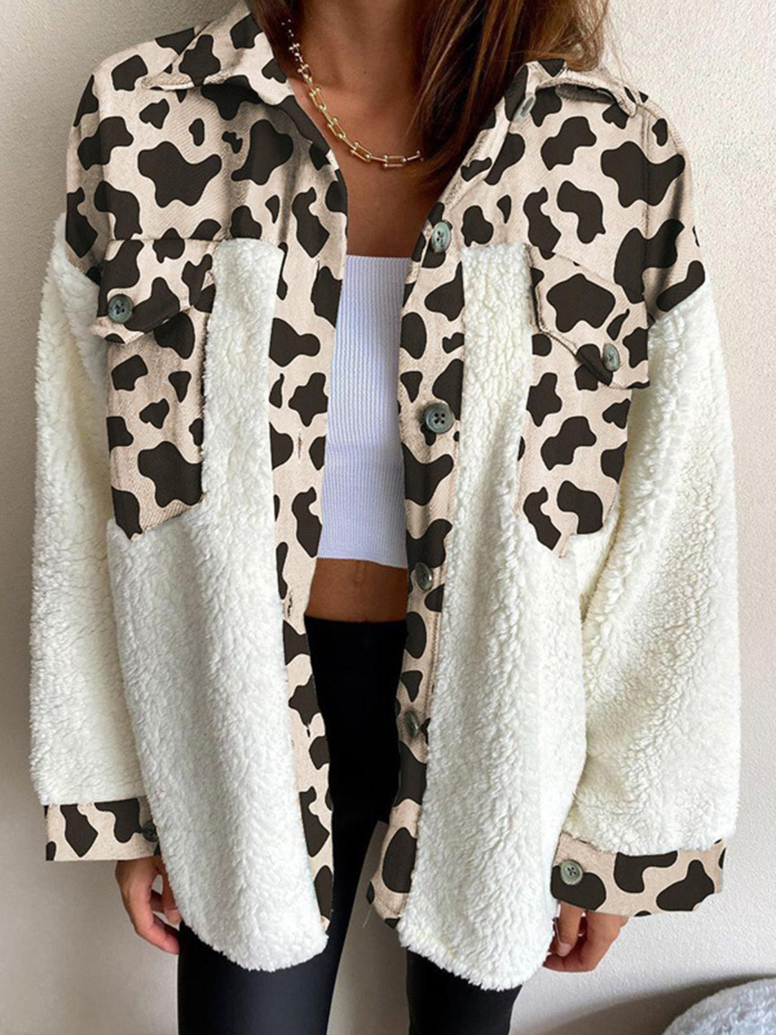 Fuzzy Button Up Long Sleeve Jacket - NawdeX