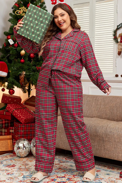 Plus Size Plaid Collared Neck Top and Pants Lounge Set - NawdeX