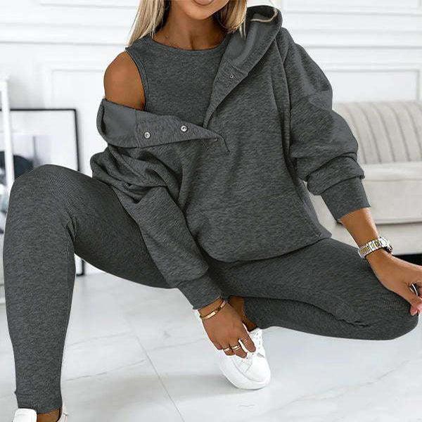 3pcs Women's Sports Loose Hooded  Sweatshirt ,Vest And Slim Trousers - NawdeX