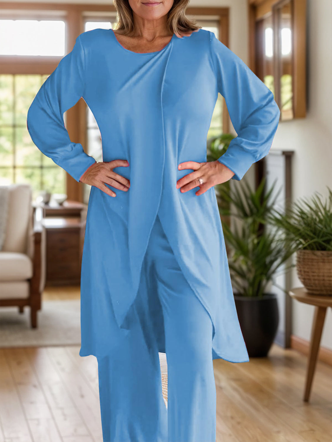 Full Size Slit Round Neck Long Sleeve Top and Pants Set - NawdeX