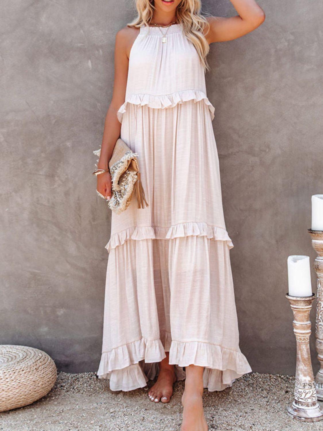 Ruffled Sleeveless Maxi Dress with Pockets - NawdeX