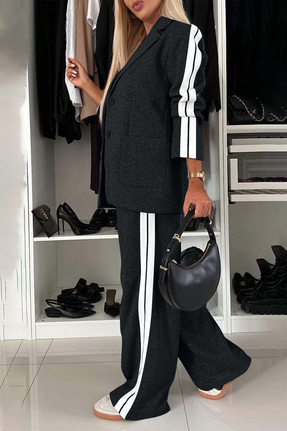Full Size Contrast Lapel Collar Top and Pants Set - NawdeX