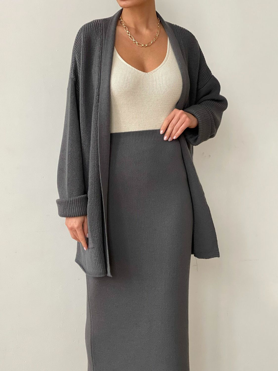 Pocketed Long Sleeve Cardigan and Skirt Sweater Set - NawdeX