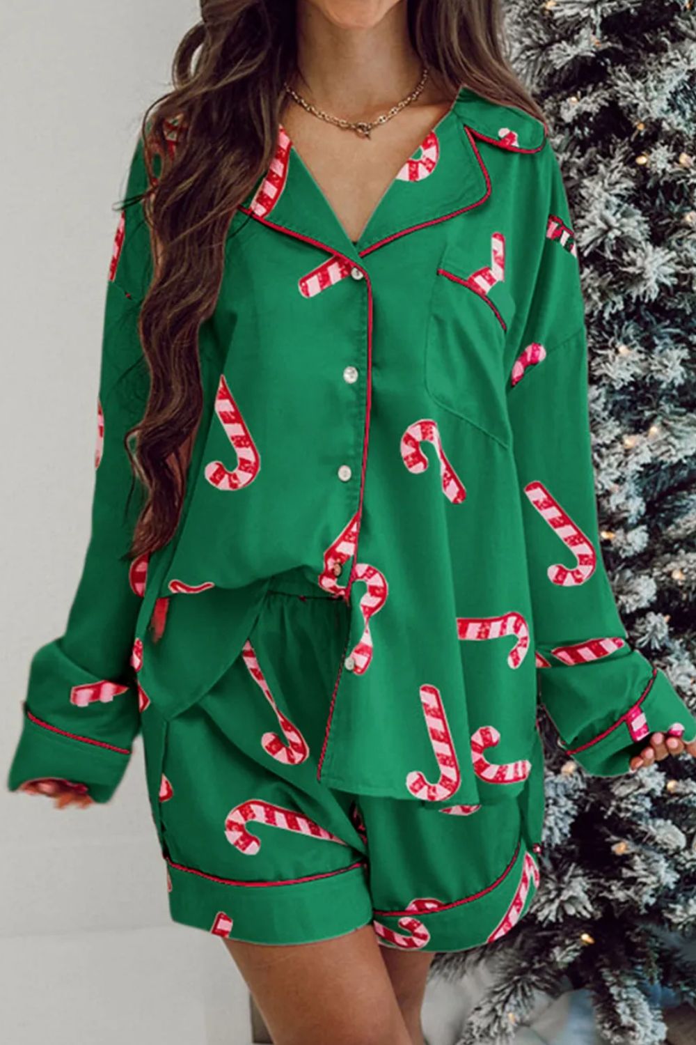 Candy Cane Collared Neck Long Sleeve Top and Shorts Lounge Set - NawdeX