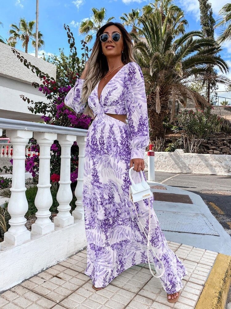 Hollow Floral V-neck Long-sleeved  Dress