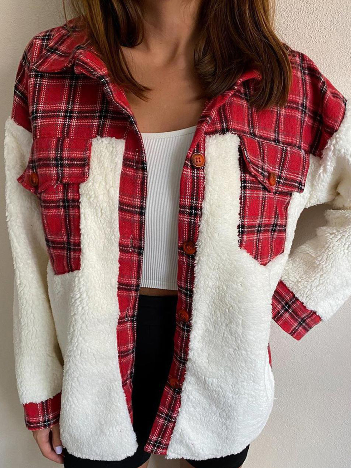Fuzzy Button Up Long Sleeve Jacket - NawdeX