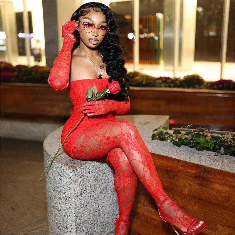 Women's Fashion Lace Tube Top High Waist Tight Body Stocking Long Pants Suit - NawdeX