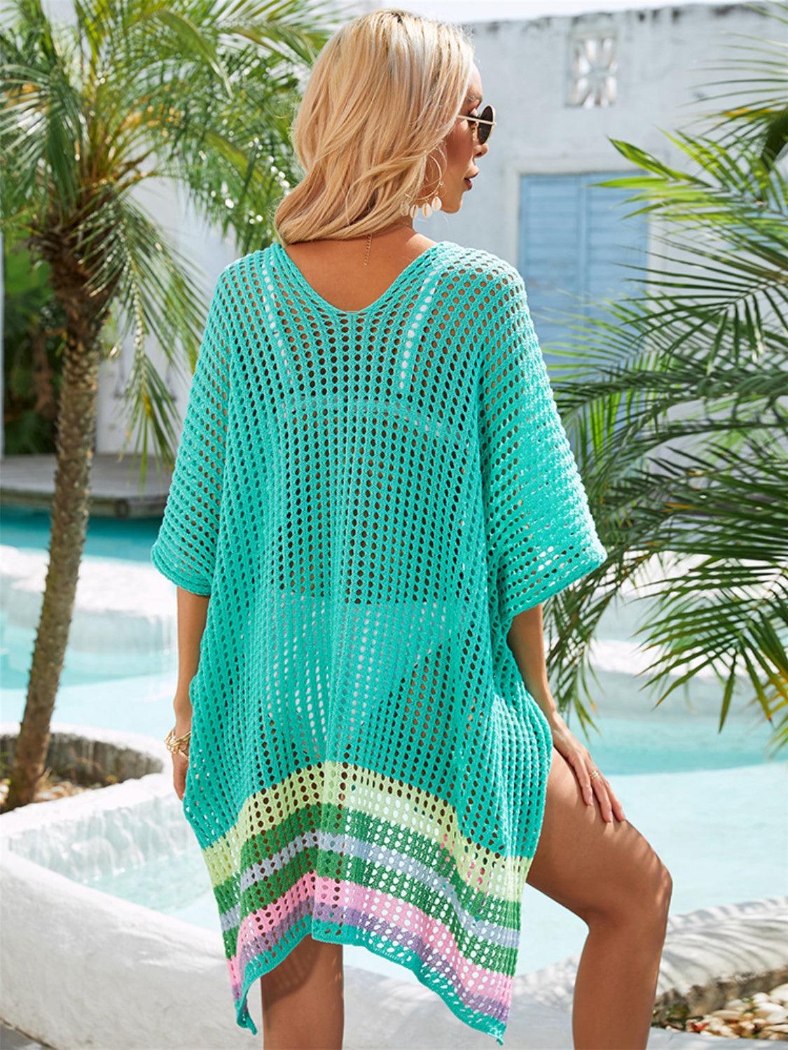Slit Openwork V-Neck Half Sleeve Cover-Up - NawdeX