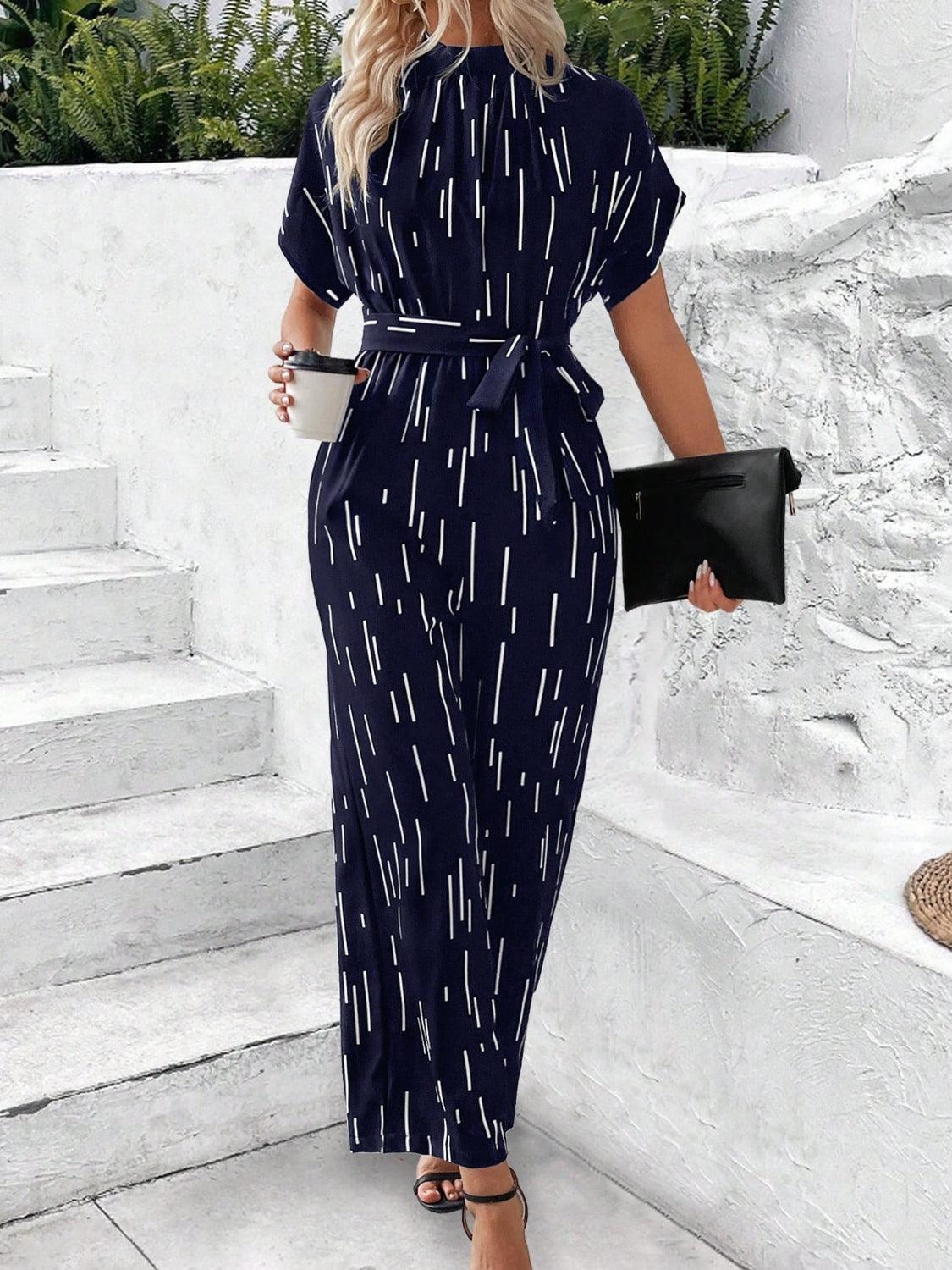 Tied Printed Mock Neck Wide Leg Jumpsuit - NawdeX