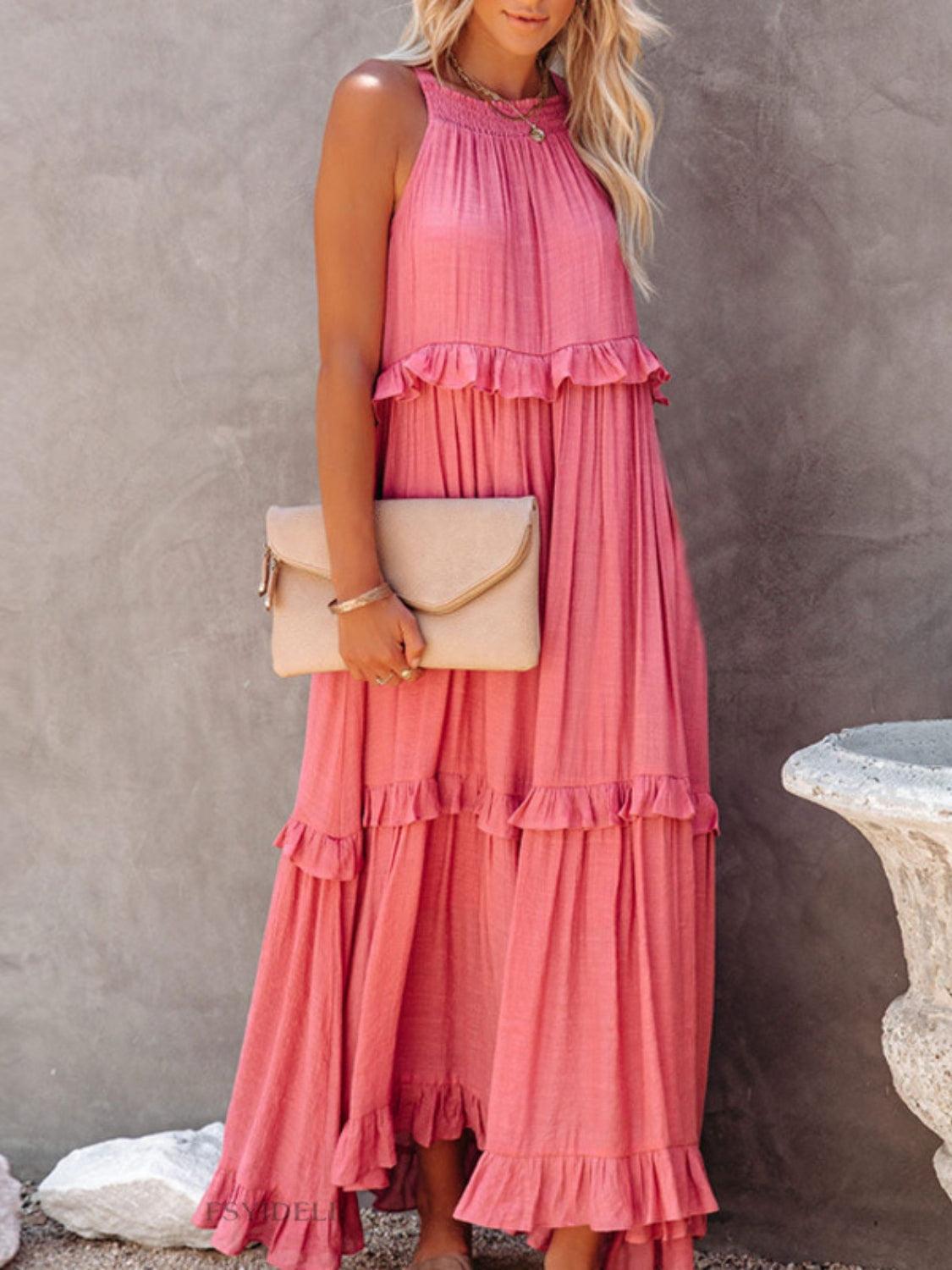 Ruffled Sleeveless Maxi Dress with Pockets - NawdeX
