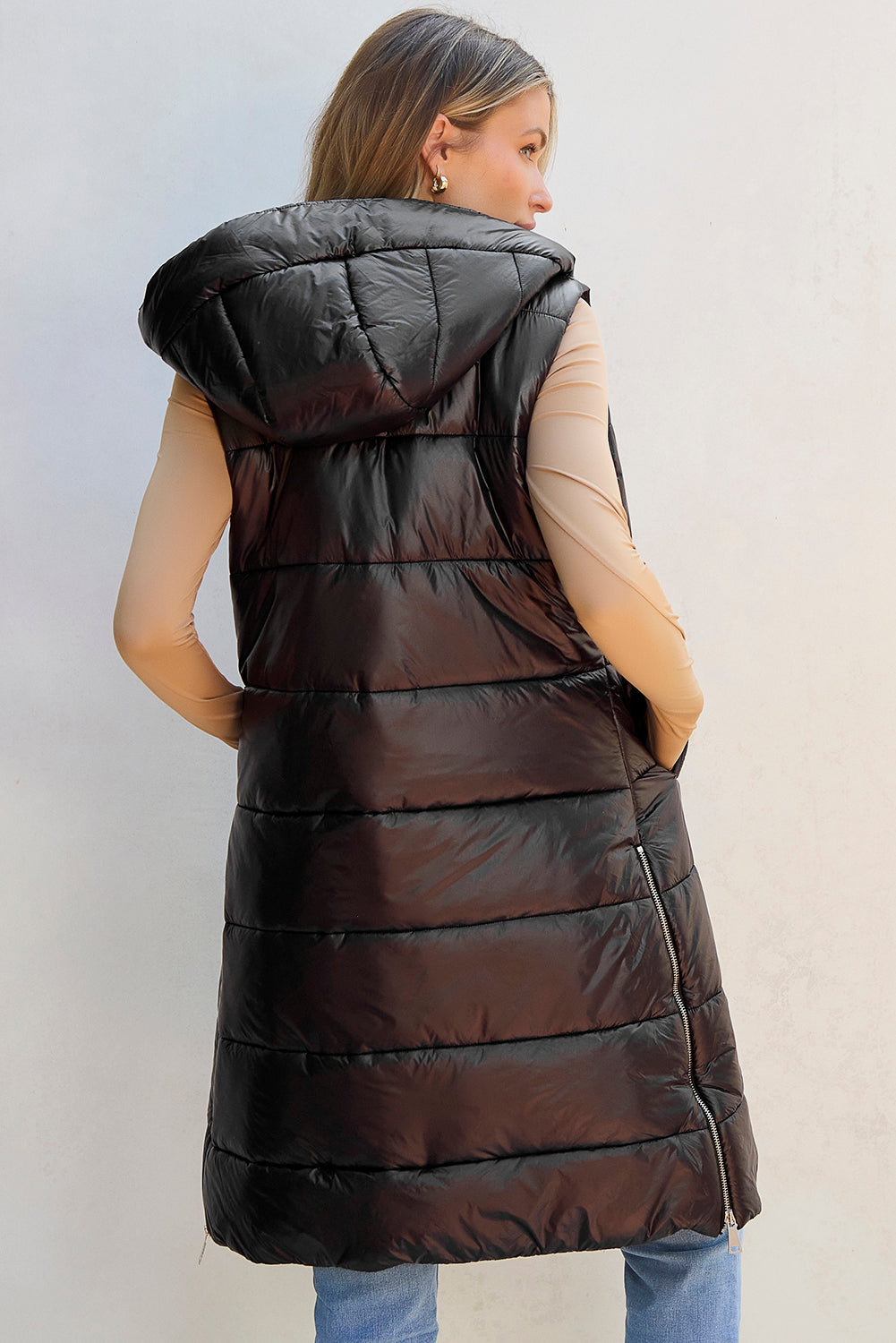 Longline Hooded Sleeveless Puffer Vest - NawdeX