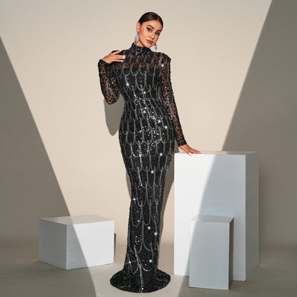 Long Sleeve Round Neck Slim-fit Sequined Banquet Evening Dress - NawdeX