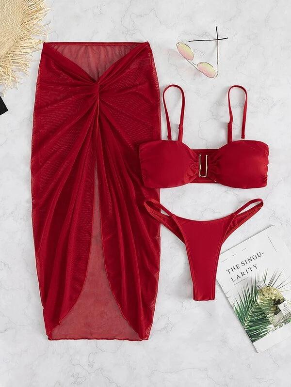 Multicolor Bikini Three-piece Set Long Culottes Yarn French Style - NawdeX