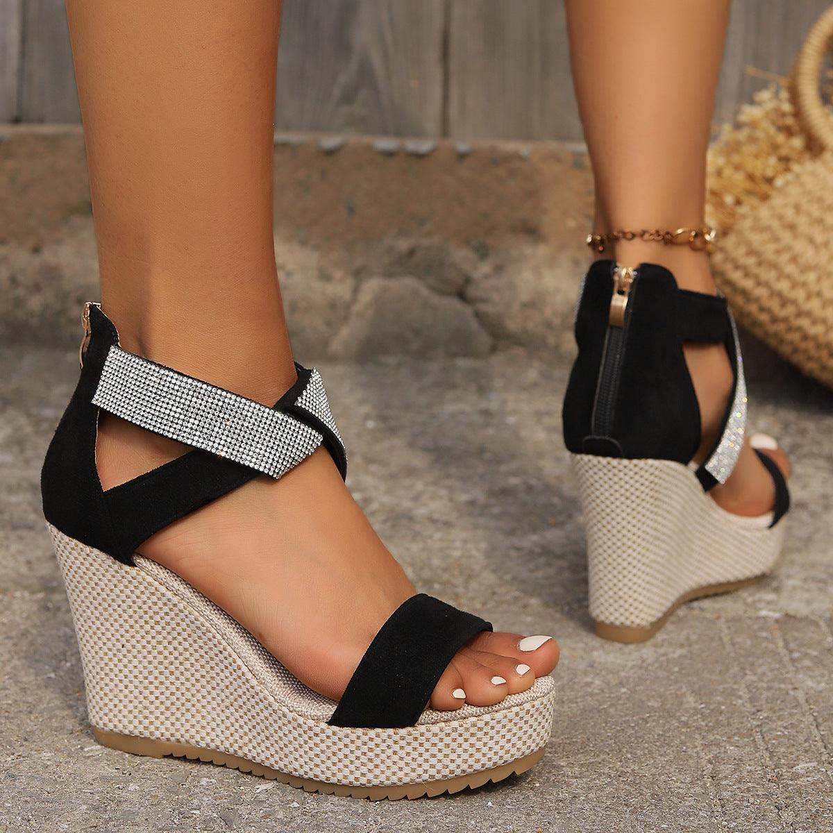 Fish Mouth High Wedges Sandals With Rhinestone - NawdeX