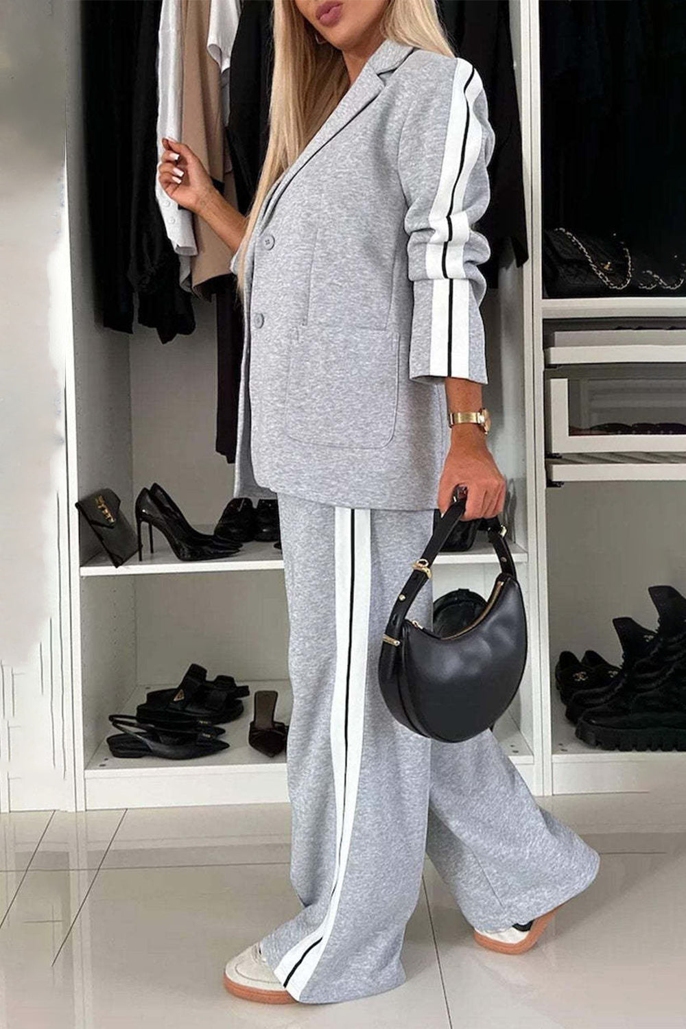 Full Size Contrast Lapel Collar Top and Pants Set - NawdeX