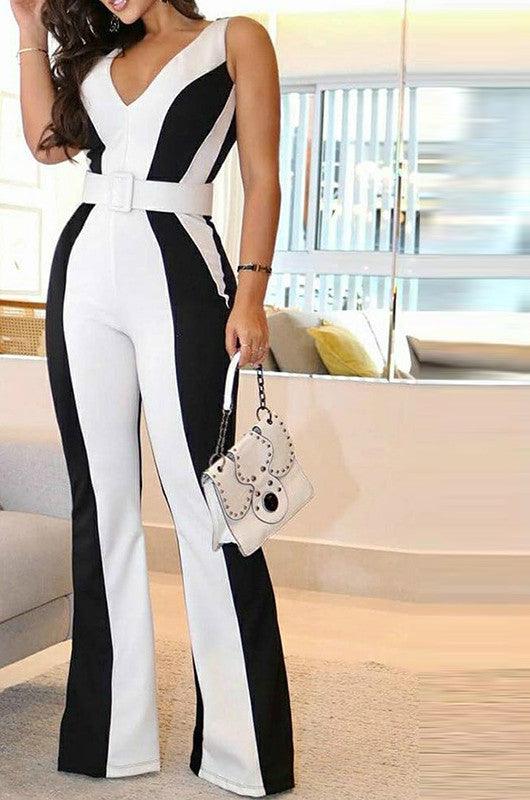 Black And White Contrast Color Slim Fit Jumpsuit (Belt Not Included) - NawdeX