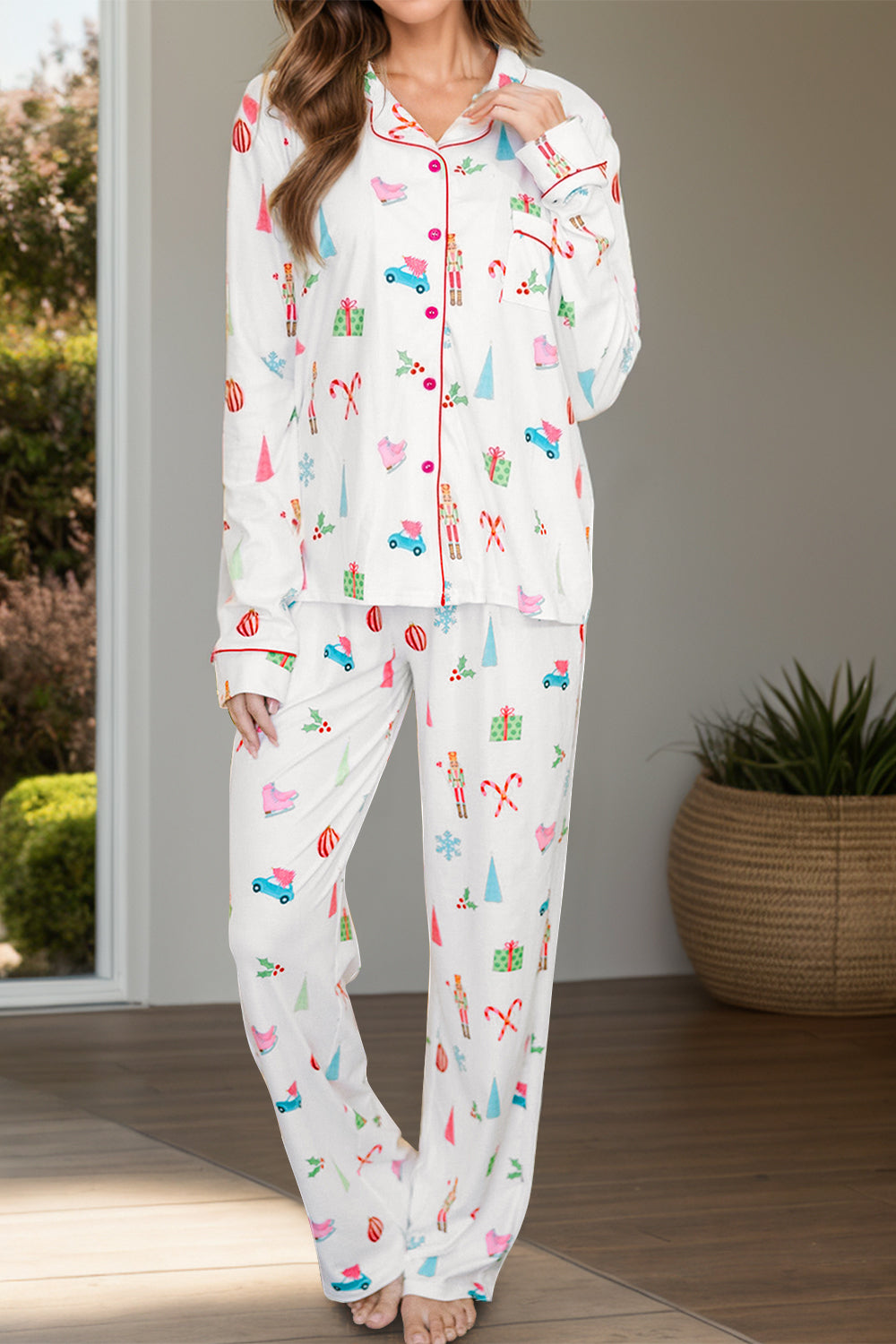 Printed Collared Neck Long Sleeve Top and Pants Lounge Set - NawdeX