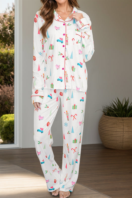 Printed Collared Neck Long Sleeve Top and Pants Lounge Set - NawdeX