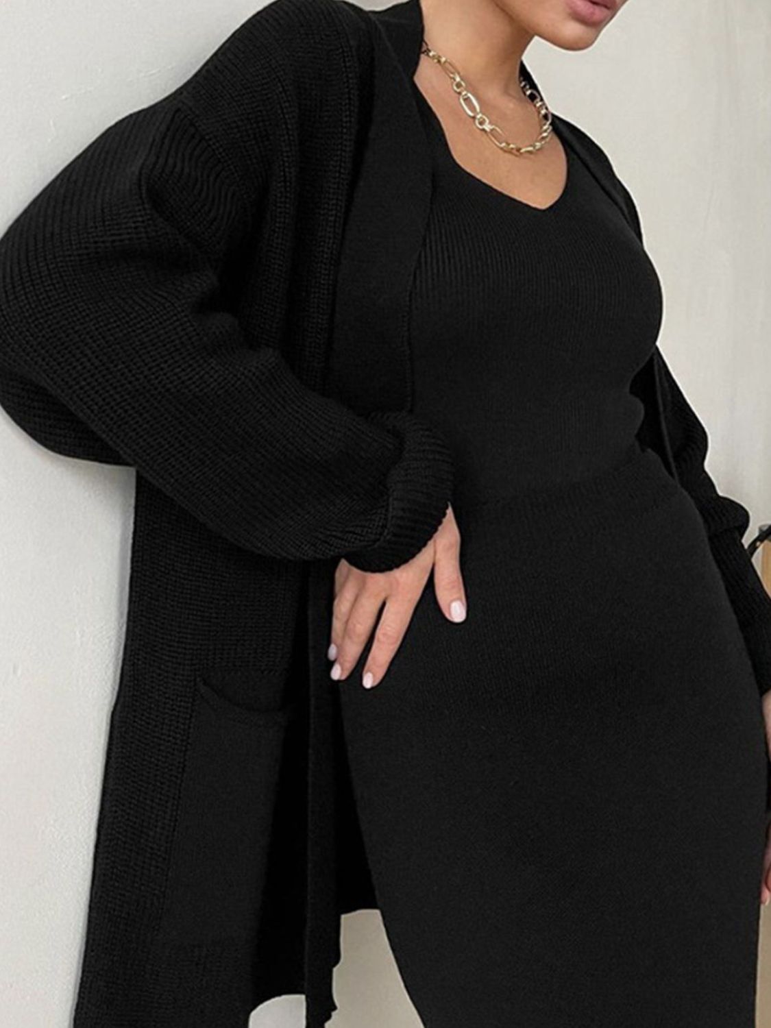 Pocketed Long Sleeve Cardigan and Skirt Sweater Set - NawdeX