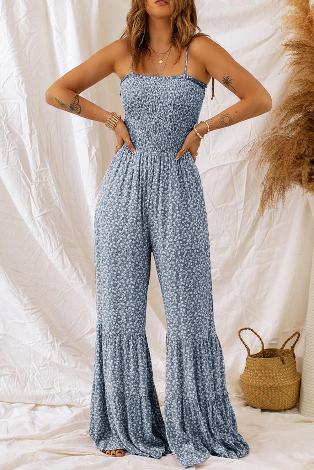 Smocked Printed Wide Strap Jumpsuit - NawdeX