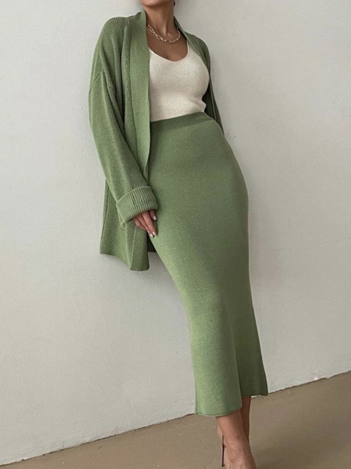 Pocketed Long Sleeve Cardigan and Skirt Sweater Set - NawdeX