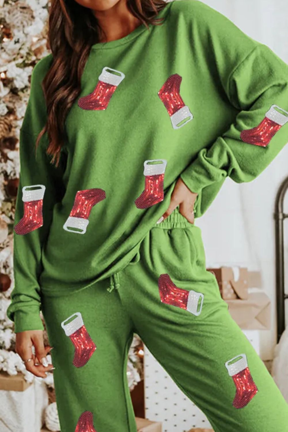 Sequin Socks Round Neck Long Sleeve Top and Pants Lounge Set - NawdeX
