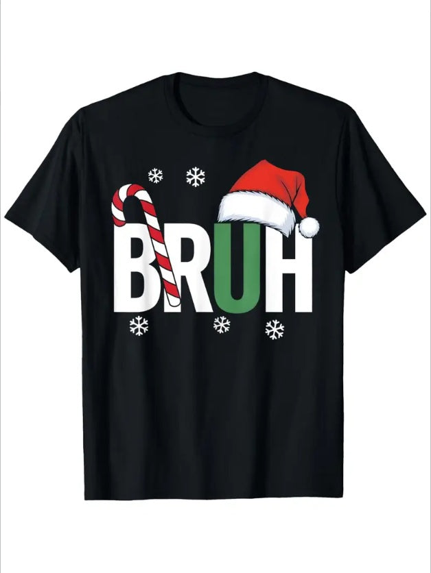 Men'S Casual Christmas T-Shirt , Round Neck, Festive Bruh Graphic With Santa Hat, Soft Knit Fabric, Seasonal Holiday Tee - NawdeX