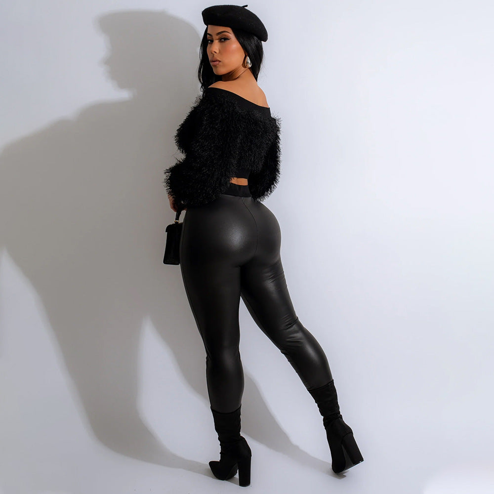 Furry Crop Top Slim Trousers Set - NawdeX