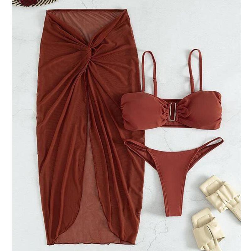 Multicolor Bikini Three-piece Set Long Culottes Yarn French Style - NawdeX