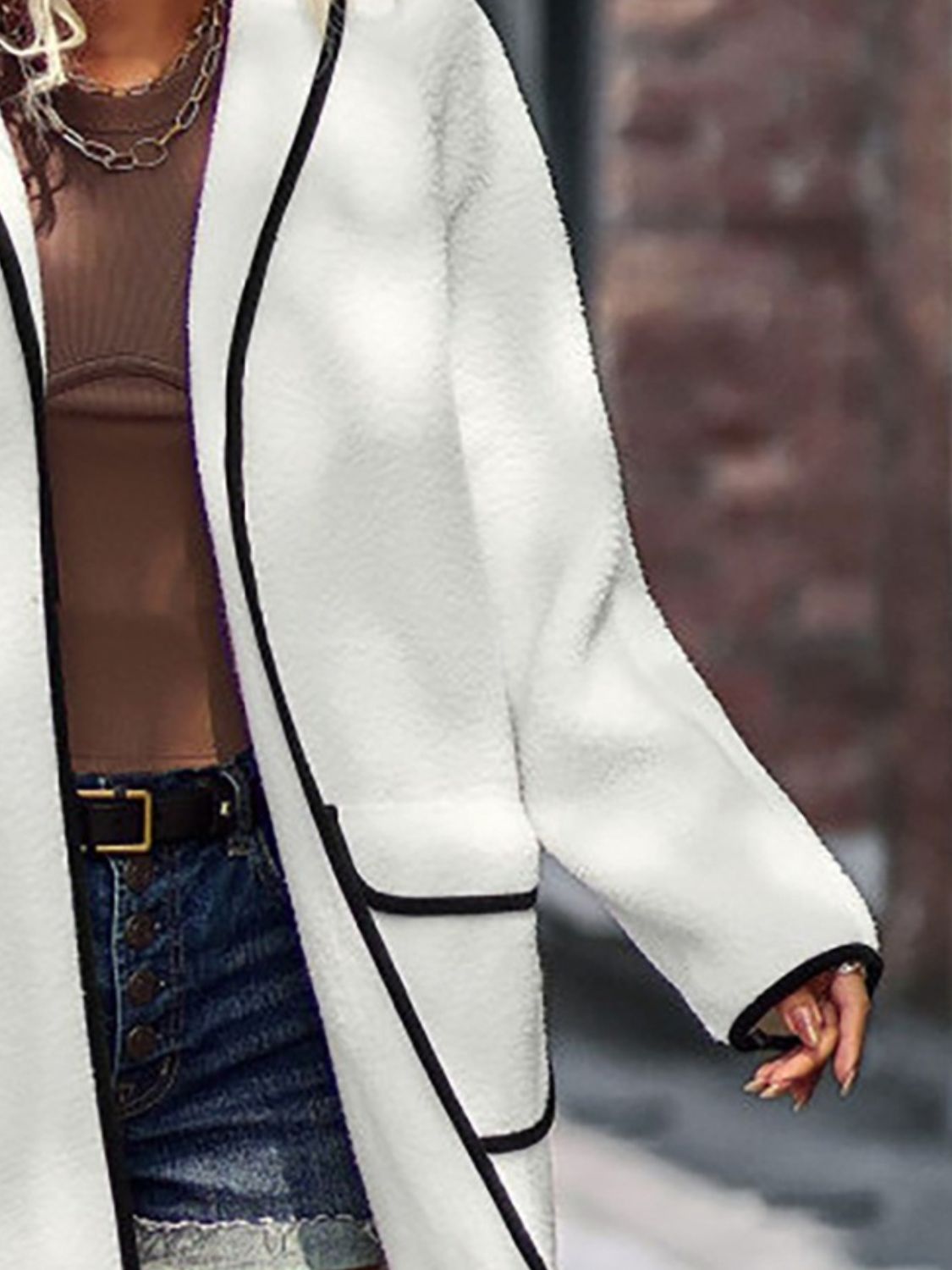 Full Size Contrast Trim Long Sleeve Coat with Pockets - NawdeX