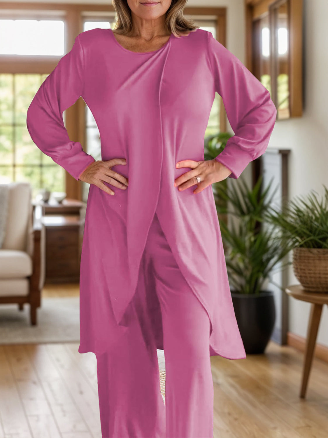 Full Size Slit Round Neck Long Sleeve Top and Pants Set - NawdeX