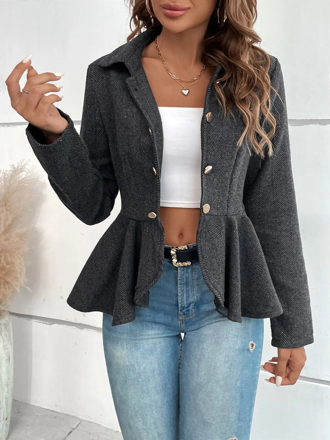 Ruffle Hem Collared Blazer - NawdeX