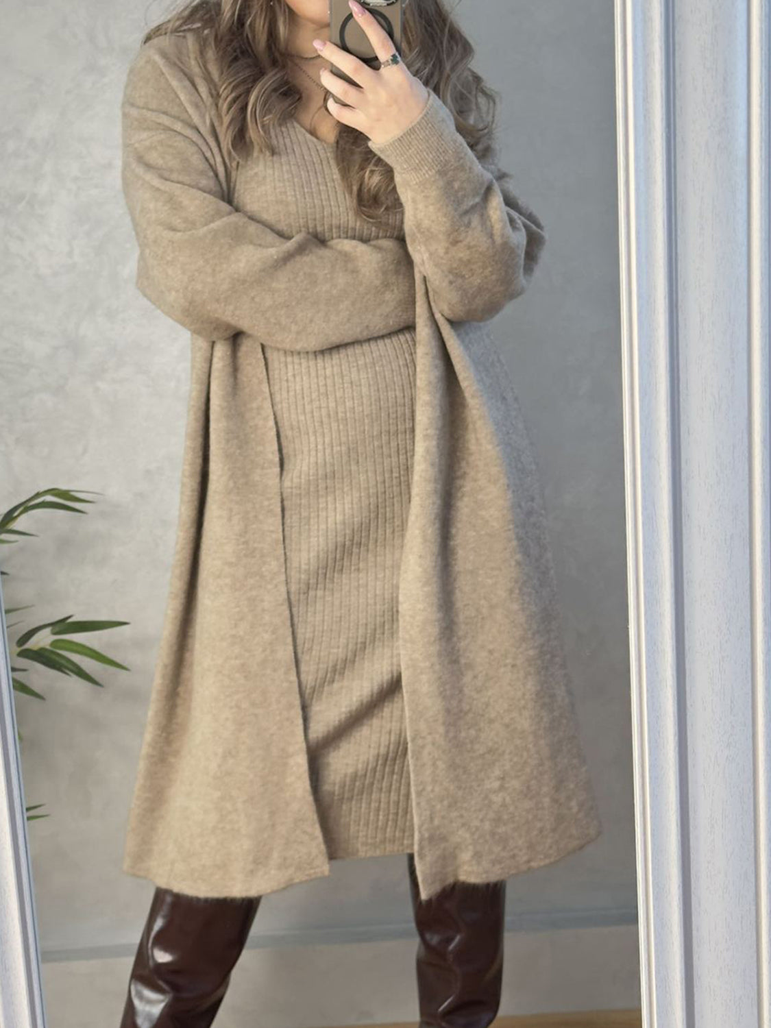 V-Neck Cami Dress and Open Front Cardigan Sweater Set - NawdeX