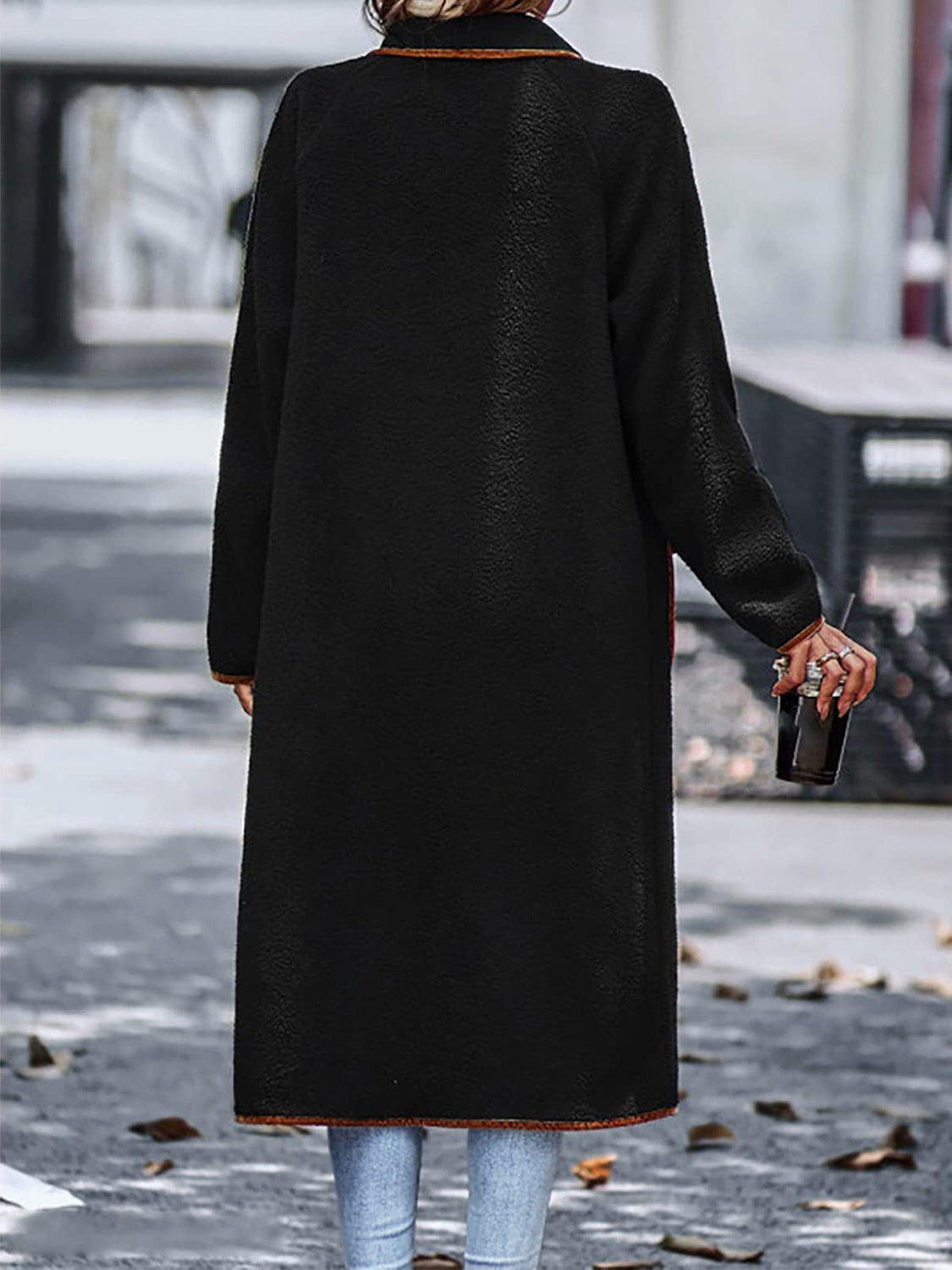 Full Size Contrast Trim Long Sleeve Coat with Pockets - NawdeX