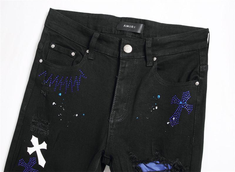 Men's Hole Patch Black Stretch Slim-fitting Jeans - NawdeX