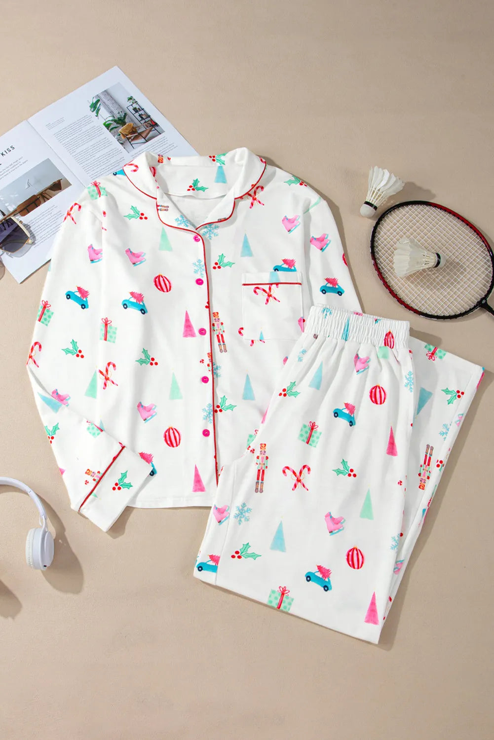 Printed Collared Neck Long Sleeve Top and Pants Lounge Set - NawdeX