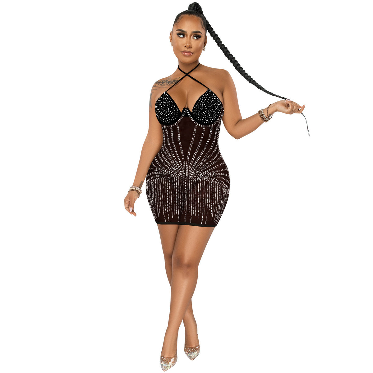 Sling Wrapped  Rhinestone Mesh  Dress