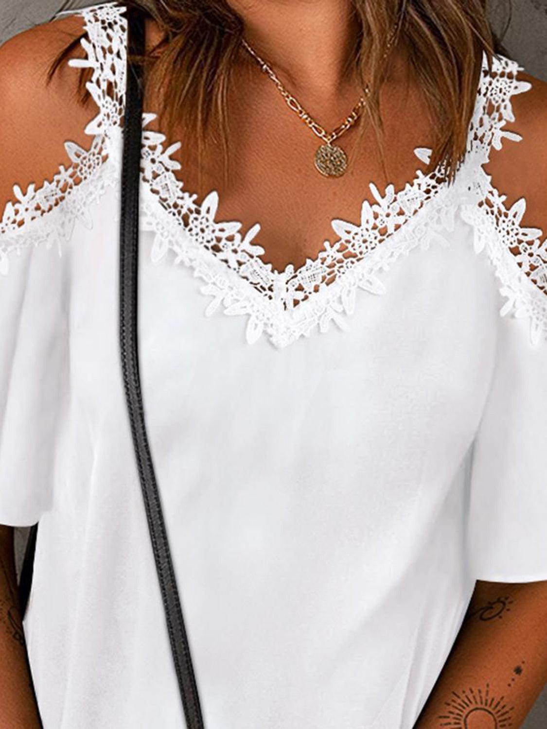 Lace Detail V-Neck Half Sleeve Blouse - NawdeX
