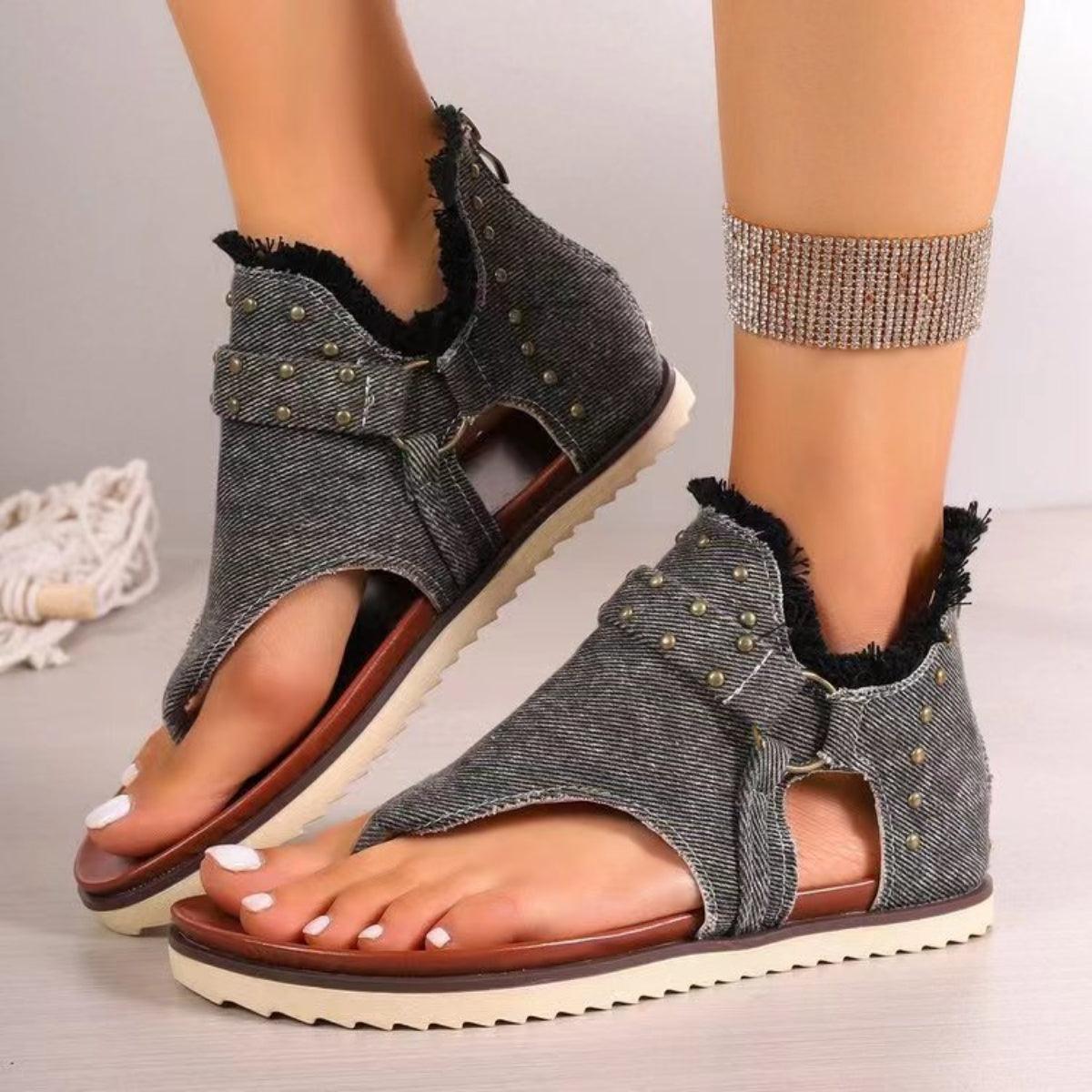Studded Raw Hem Flat Sandals - NawdeX