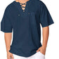 Eyelet Tie Cotton Linen Men's Short Sleeve Shirt - NawdeX