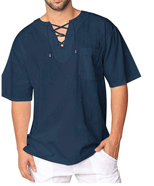 Eyelet Tie Cotton Linen Men's Short Sleeve Shirt - NawdeX