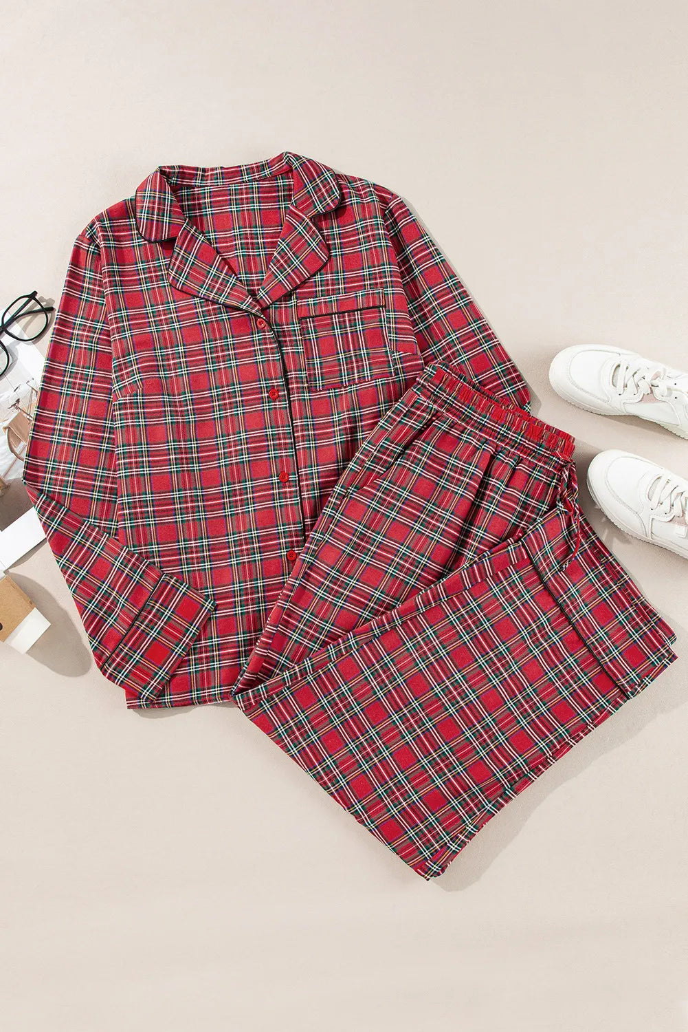 Plus Size Plaid Collared Neck Top and Pants Lounge Set - NawdeX