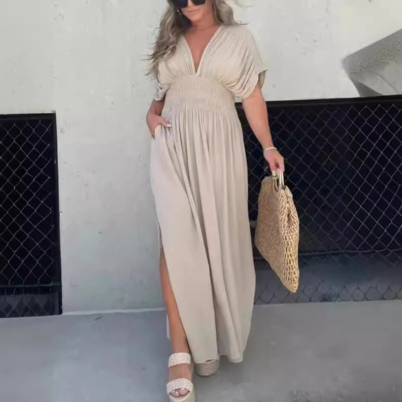 Fashion Bat-sleeved V-neck Slit Dress Summer