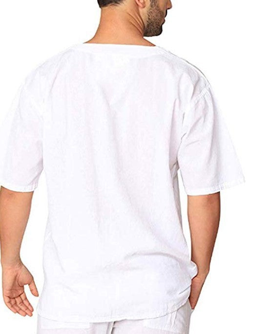 Eyelet Tie Cotton Linen Men's Short Sleeve Shirt - NawdeX