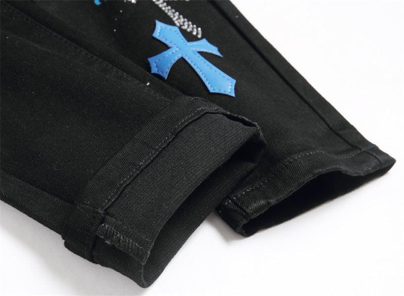 Men's Hole Patch Black Stretch Slim-fitting Jeans - NawdeX