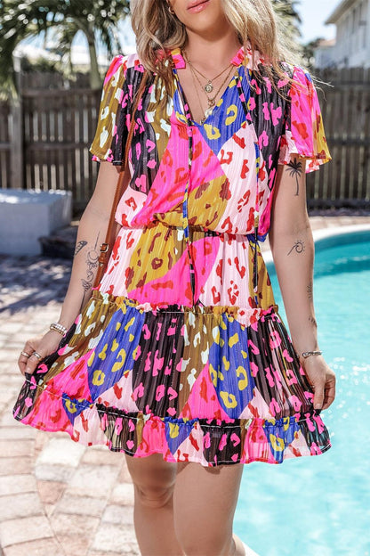 Printed Tie Neck Short Sleeve Mini Dress - NawdeX
