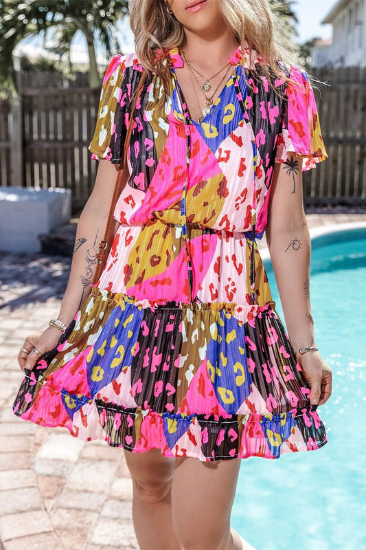 Printed Tie Neck Short Sleeve Mini Dress - NawdeX